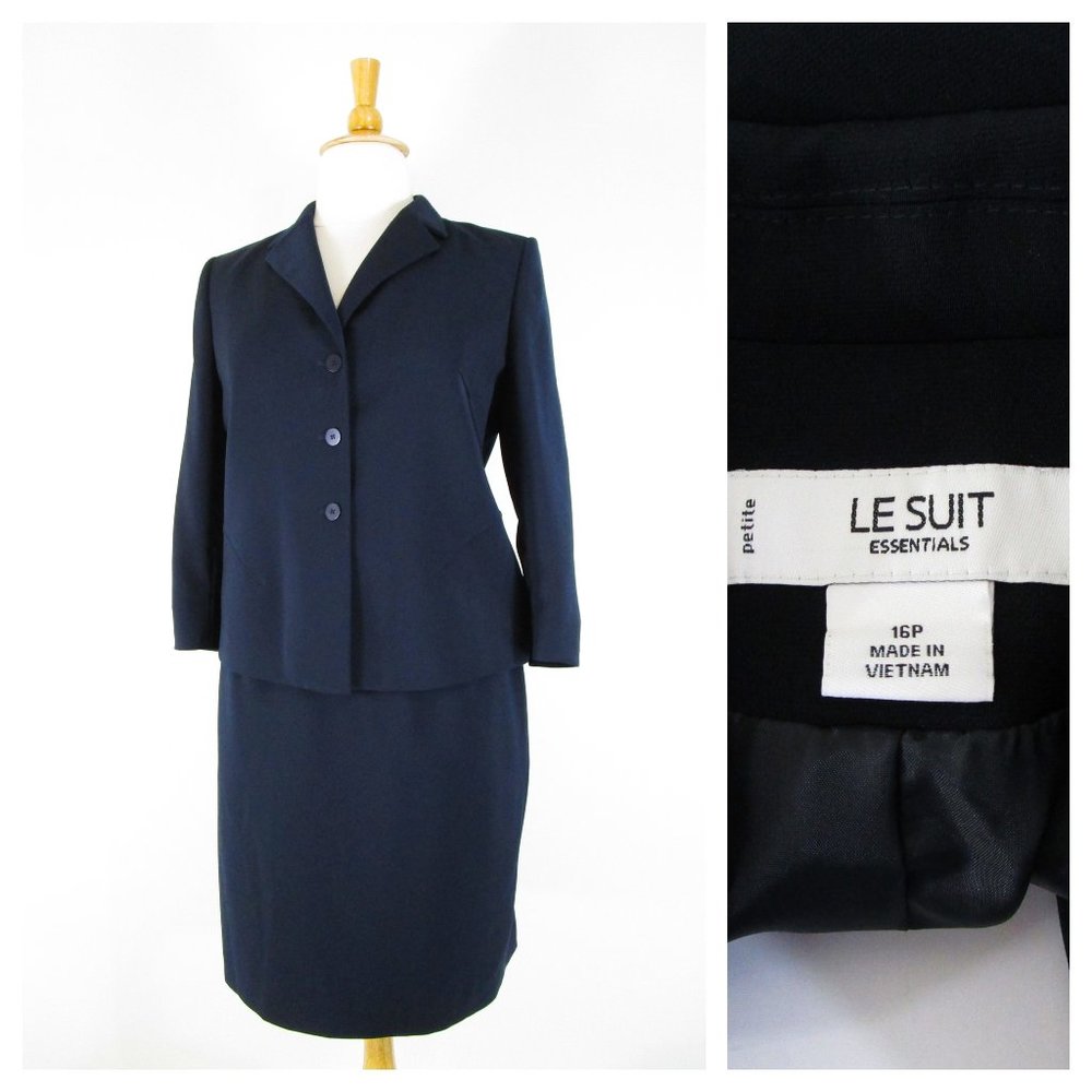 Le Suit Plus Size Petite Solid Black Skirt Suit 16P Formal Business Career
